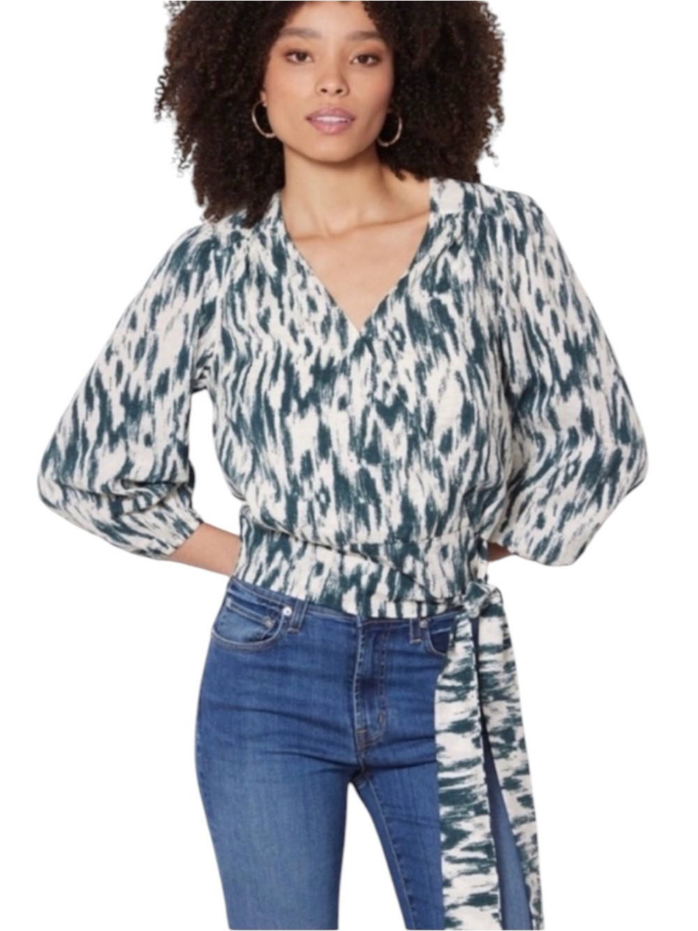 EVEREVE Carson Ikat Wrap Top Emerald Green Cream Long Sleeve Women’s Medium